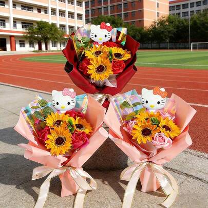 SANRIO 向日葵花束，Hello Kitty卡通玫瑰向日葵花束，Hello Kitty母亲节人造向日葵玫瑰，家居及户外装饰花束，感恩节，教师节，毕业季，返校季户外氛围装饰，纪念视频道具