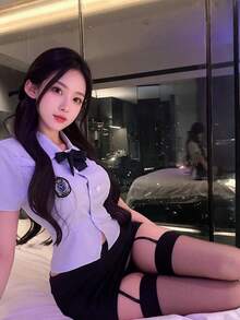 Pure Desire Spicy Girl JK Uniform Four Piece Set American University Style Baddie Uniform Set: Short Sleeved Shirt With Belt+Tight Skirt - Pure And Charming Student Outfit "Female Student Costume" "Y2K Baddie" "Sexy Uniform" - 8473+黑開檔襪 - 查看 7