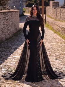 Faeriesty Elegant Knit Dress, With Stand Collar Long Sleeve, Mermaid Style Formal Evening Gown Party Wedding Black Fall - Black - View 4