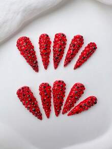 Y2K Luxury Long Pointed Nail Tips, Handmade, Clear Nail Plates, Red Rhinestones, Shiny Full Coverage 3D Design - Full Coverage DIY Shiny Artificial Nails, Elegant, Glamorous, Suitable For Party, Outdoor, Beach, Daily, Holiday, Gathering, Work And Special Occasions - 10pcs/Pack - Multicolor - View 4