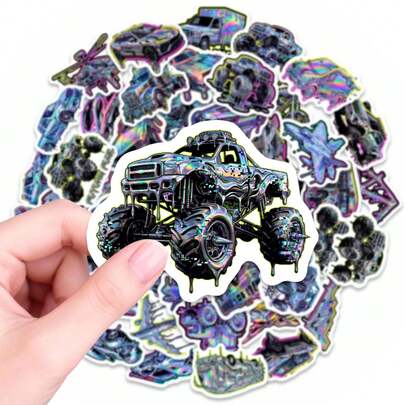 50 PCS Neon Vehicle Stickers – Waterproof Assorted Decals Featuring Holographic Muscle Cars, Monster Trucks, Bikes And Tractors For Laptops, Water Bottles, Skateboards, Luggage And DIY Crafts, Ideal For Teens, Car Enthusiasts And Guys, Cool Easy-To-Peel Stickers For Customization