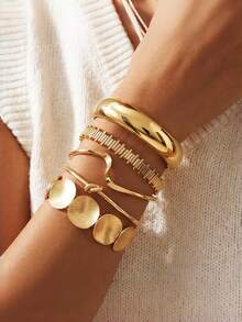 5pcs/Set Vintage Exaggerated Luxury Geometric Pattern Wide Metal Bangle Bracelet Set, Suitable For Daily Wear And Gift - One Size Fits All - View 5