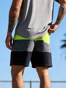 Neon Green & Gray Contrast Color Men's Drawstring Waist Casual Shorts - Multicolor - View 2