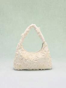 1个米色3D立体花卉亮片蕾丝刺绣单肩包，女士手提包，采用高档蕾丝网面，浪漫百搭，适合婚礼、伴娘、派对、舞会等场合。 - 米色 - 查看 5