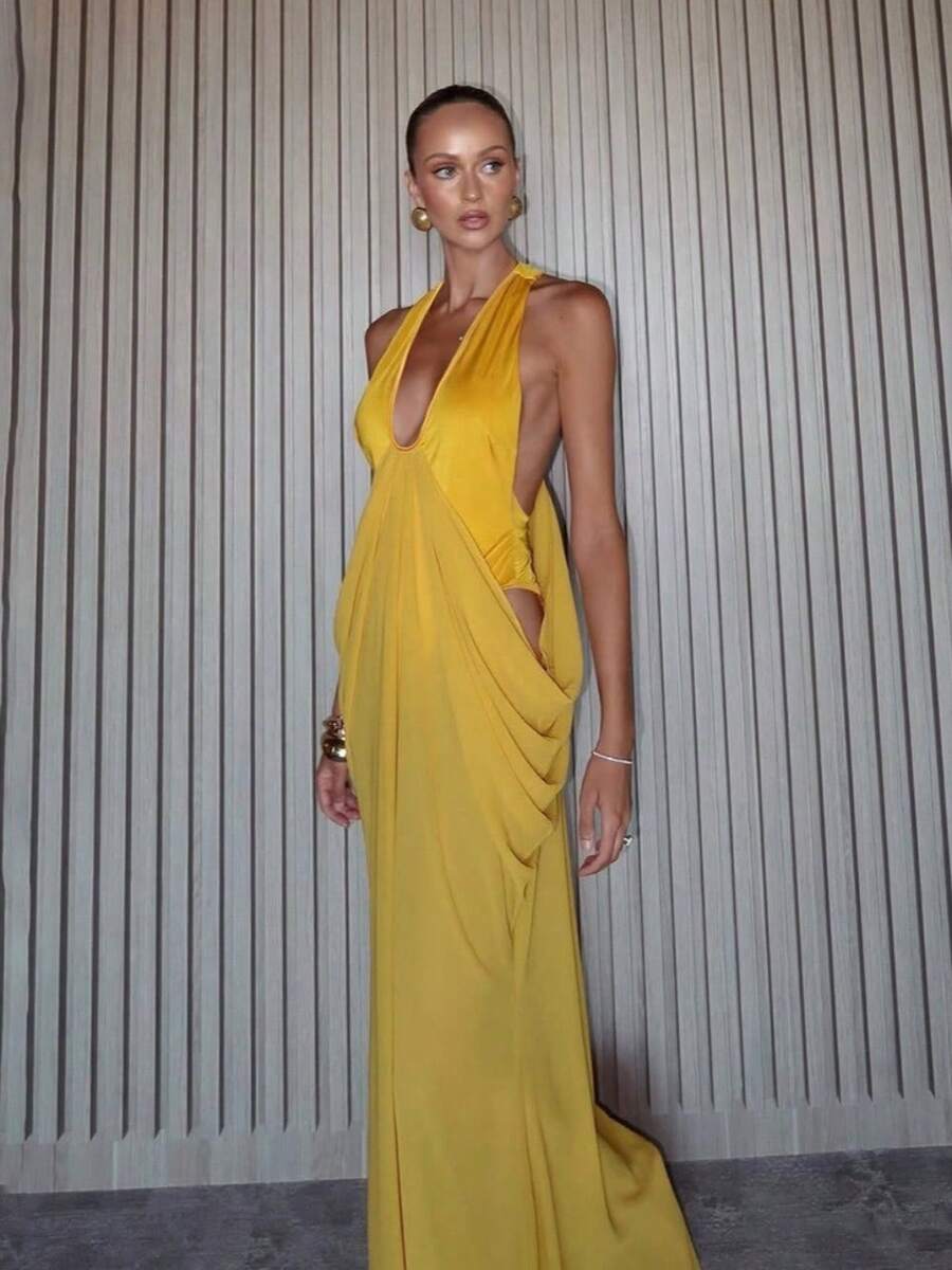 Temperament, Luxury, High-End, Sexy Vacation Banquet Women's Fashion Design, Deep V Sexy Pleated Waist Cinching Dress, Women's Dress - 黃色 - 查看 1