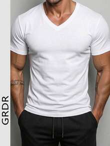 GRDR 男士夏季时尚经典 V 领短袖 T 恤，适合晨跑、锻炼和散步 - 白色 - 查看 3