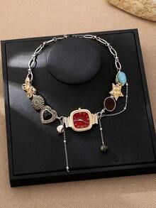 1pc Y2K Style Multi-Element Necklace With Watch/Heart/Star/Butterfly Charms, Fashionable Charm Necklace For Women, Ideal Valentine's Day Gift (Watch Design Symbolizes Capturing The Most Beautiful Moment And Sweetest Memories) - Square Green - 查看 2