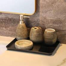 一套复古奢华浴室陶瓷梳妆台套装，包括乳液瓶、牙刷架、漱口杯和皂碟，采用传统拉丝工艺制成 - 彩色 - 查看 12