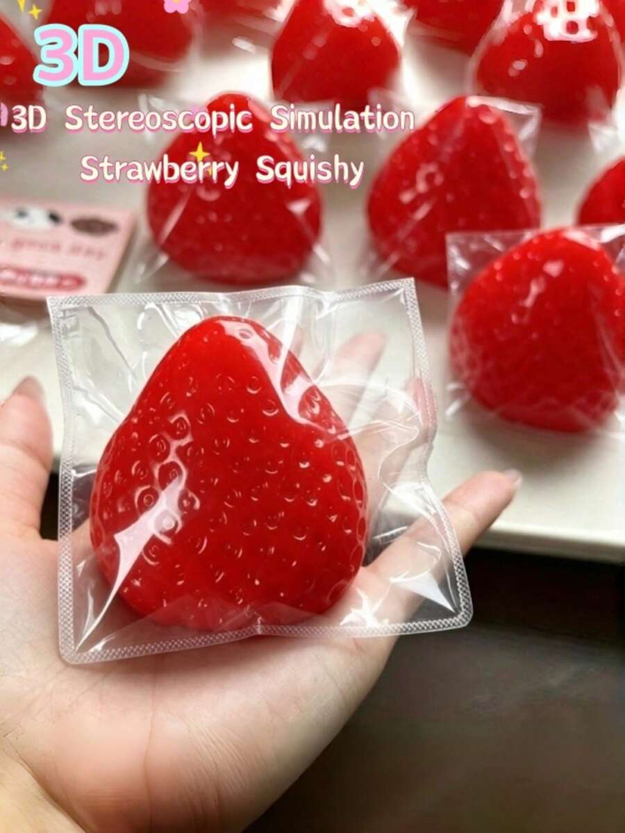1个草莓造型软胶捏捏乐玩具，草莓软糖。放松减压的理想之选。3D逼真草莓捏捏乐玩具