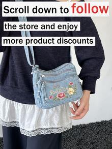 Mini Fashionable Floral Embroidered Jeans Multi-Pocket Crossbody Bag – Versatile Women's Shoulder Bag, Small Jeans Bag, Mom Bag With Adjustable Strap - Blue - View 3