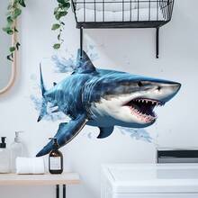 1pc 30x40 Cracked Wall Great White Shark Wall Sticker, Realistic Water Splash Combination, Self-Adhesive Easy To Apply, Creative Wall Decor - Multicolor - View 8