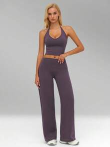 MFVIM Women's Spring/Summer Sports Suit, 2-Piece Casual Sportswear Set, Halter Neck Tank Top And Wide Leg Pants, High-Waisted Stretchy Fitness Outfit. Lightweight, Skin-Friendly, Durable, High-Waisted Wide Leg Pants + Fitted Top, Whole Set Elongates Legs. Solid Color, Suitable For Daily Casual, Outdoor, Jogging, Cycling, Yoga, Pilates, Gym Workout - Bold Plum - View 7