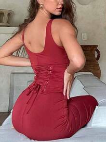 女款性感優雅修身露背派對夜店長洋裝，適合度假、新年、婚禮，紅色秋季款 - 紅色 - 查看 2