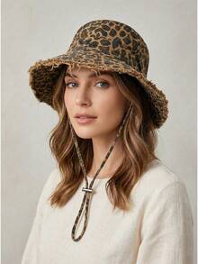 1 Buah Topi Bucket Wanita Motif Leopard, Topi Pelindung Matahari Musim Panas, Topi Bucket Berumbai Gaya Retro - Topi bucket motif macan tutul robek JA - View 2