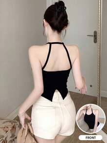 女士黑色露背吊带背心，夏季穿着，带胸垫，无袖 - 黑色 - 查看 2