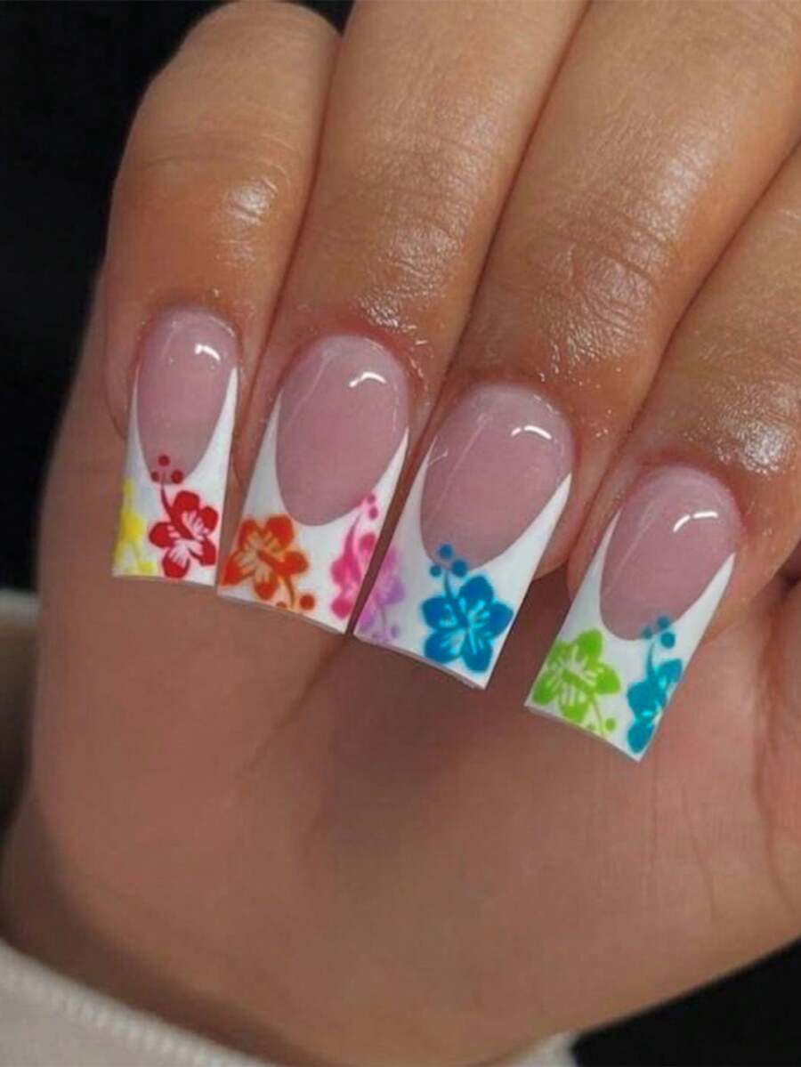 24片长方形芙蓉花美甲贴纸和法式美甲贴纸，中长款亚克力假指甲套装，包含1瓶胶水和1把指甲锉，适合女性日常工作、派对和其他场合。 - 彩色 - 查看 1