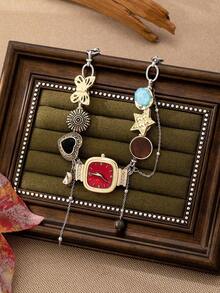 1pc Y2K Style Multi-Element Necklace With Watch/Heart/Star/Butterfly Charms, Fashionable Charm Necklace For Women, Ideal Valentine's Day Gift (Watch Design Symbolizes Capturing The Most Beautiful Moment And Sweetest Memories) - Square Green - 查看 5