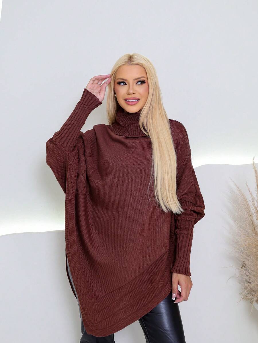 MONNEI Knitted Poncho With High Neck And Asymmetrical Batwing Sleeves, French Style - 巧克力棕 - 查看 1