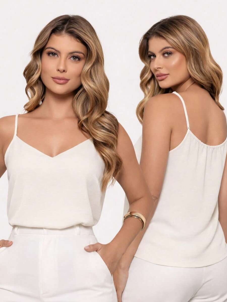 Thin-Strapped Tank Top, Polyester. Available In Sizes V, P To GG. Perfect For Everyday Travel, Vacation, Home, And Summer. - Cream - View 1