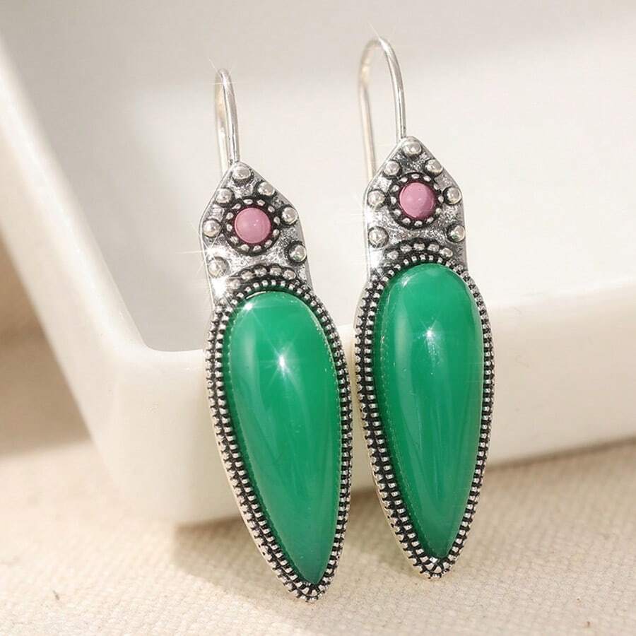 Pendientes bohemios de vidrio verde cobre vintage, regalo de vacaciones para mujeres - Plateado - View 1