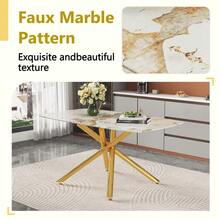 Table And Chair Set. 63" X 35.4" Luxurious White Marble-Patterned Tempered Glass Dining Table.Paired With 6 BLACK PU Material High Resilience Dining Chair With Metal Gold Leg. - Black + White+Gold + Breathable PU Leather + Glass+Metal + Seats 61 - View 5