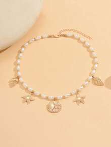 1 chiếc vòng cổ mặt dây chuyền hình vỏ sò vàng mùa hè dành cho tuổi teen, phụ kiện thời trang đính ngọc trai giả hình sinh vật biển, trang sức đeo hàng ngày đa năng. - Nhiều màu - Xem 2