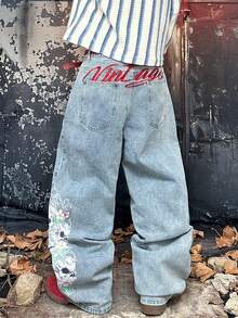 1 pieza Pantalones vaqueros anchos y holgados estilo Y2K Grunge Goth para hombre, estampado gráfico de calavera Sakura con lavado claro vintage, pantalones de mezclilla oversize estilo skater y streetwear - Celeste - Ver 2