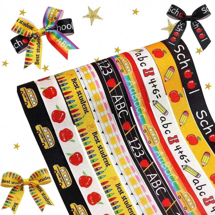 1/9pcs Back To School Decorative Ribbons, Apple & Pencil Theme Ribbons For Gift Packaging, Teacher's Day Gift Wrapping Decor, Suitable For Back To School Gifts, Room Decor, Total Length 45 Yards - Back to School Theme - View 1