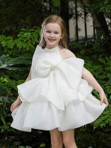 Young Girl Handmade Beaded Bow Tulle Princess Dress, Suitable For Birthday Party, Casual Outing, Stage Performance, Holiday Celebration - White - View 6