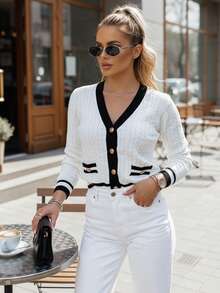 Cardigan da donna, vestibilità slim, con bottoni, tasche, maniche lunghe, scollo a V, taglio classico casual, elegante cardigan da donna, vestibilità slim. - Bianco - Visualizzare 1