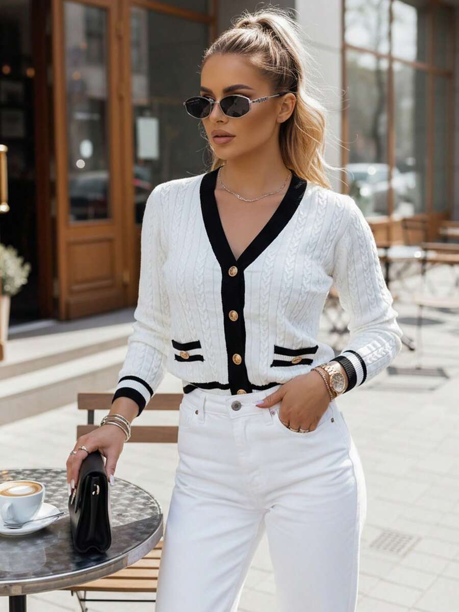 Cardigan da donna, vestibilità slim, con bottoni, tasche, maniche lunghe, scollo a V, taglio classico casual, elegante cardigan da donna, vestibilità slim. - Bianco - Visualizzare 1