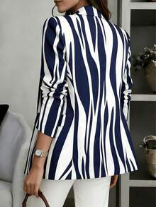 Women's Color Block Striped Long Sleeve Blazer With Pockets - Notch Lapel Button Front Jacket Vacation - White and Blue Ripples - View 2