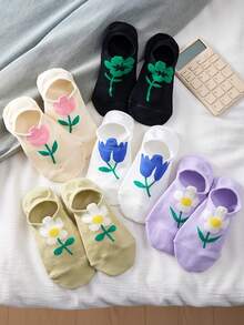 5 Pasang Kaos Kaki Wanita Motif Bunga Tak Terlihat, Nyaman dan Bernapas, Cocok untuk Semua Musim, Warna Acak - MultiWarna - View 7