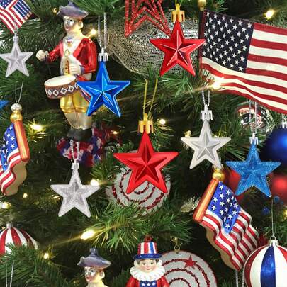 36pcs Patriotic Star Decorations, Suitable For National Day, Independence Day, Labor Day, Veterans Day, Christmas Tree Decor, Blue, Red, Silver Colors