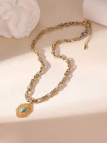 Collier vintage en métal avec fleur tressée, collier pendentif en acier inoxydable de style vacances à la plage personnalisé, accessoires pour femmes - Multicolore - Voir 8