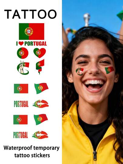 2Pcs Flag Tattoo Temporary Tattoo Portugal Football Waterproof Sweatproof Disposable For Women And Mem Face Arm Waist Chest Leg Abdomen Neck Hand Finger Back For Dancing Party Stage Performance Modernist Body Art