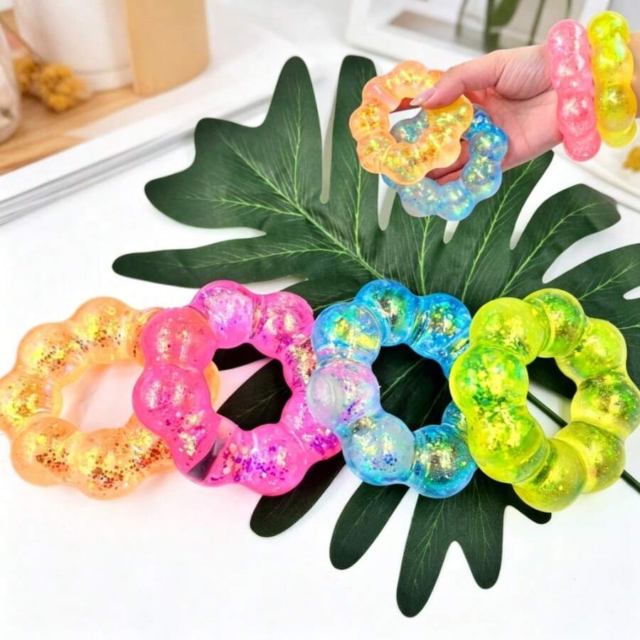 1PC Glitter Flower Wristband Squishy Toy, Soft Slow Rebound Stress Relief Fidget Toy, Cute Taba Squeeze Decompression Sensory Toy, Portable Wearable Bracelet For All Ages & Autism, Ideal Birthday/Easter/Halloween/Christmas Gift, Stocking Fillers, Party Favors - 彩色 - 查看 1