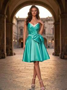 Stylish Strapless Ball Gown For Women, Sleeveless Knee-Length Flared Skirt Party Dress, Backless Wrap-Around Zipper Detail. Wedding Spring - Green - View 4