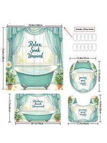 Bộ 1/4 rèm tắm in hình hoa cúc màu xanh bạc hà, thích hợp cho việc thư giãn và ngâm mình; phong cách tươi mát và thư giãn, chống thấm nước và chống mài mòn; bao gồm 12 móc treo, cùng với nắp bồn cầu, thảm tắm và thảm trải sàn. - Nhiều màu - Xem 12