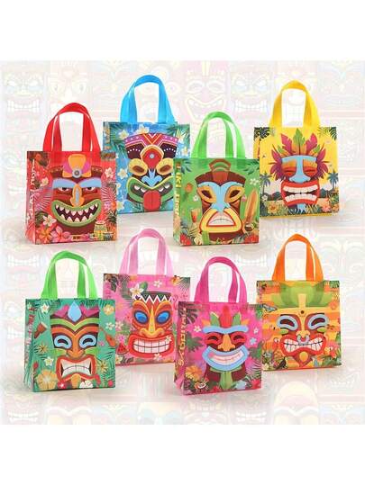 8pcs/Set Hawaiian Party Gift Bags Decor, Vibrant Tiki Mask And Tropical Party Design, Suitable For Beach Party, Hawaiian Party, Tropical Party, Birthday And Summer Celebration Gift Bags