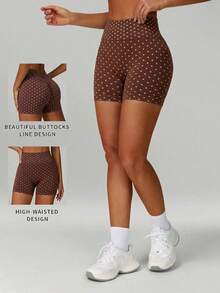 TCVC Women's Seamless Polka Dot Contrast Color High Waist Slimming Shaping Sports Shorts, V-Shaped Waist Peach Butt High Elasticity Fitness Cycling Pants, One-Piece Waist Cinching Yoga Leggings Suitable For Yoga, Fitness, Running, Cycling, Aerobics, Home, Commuting And All Scenarios - Brown - View 4