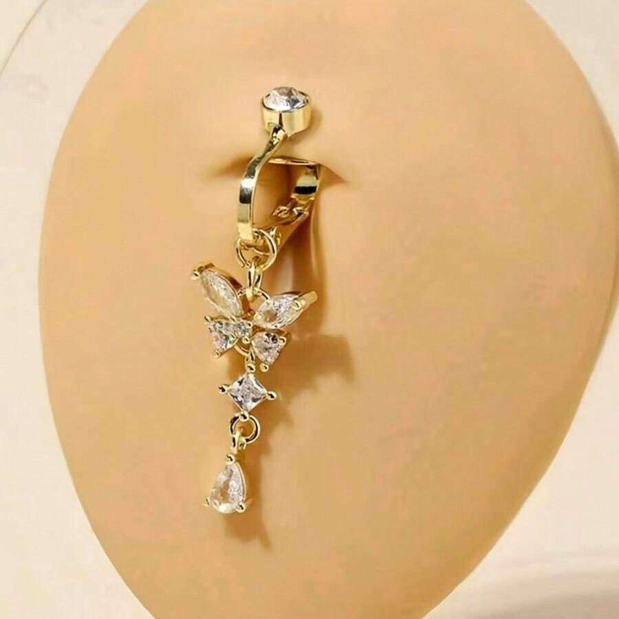 1件水钻蝴蝶肚脐环，女士仿穿孔饰品 - 彩色 - 查看 1