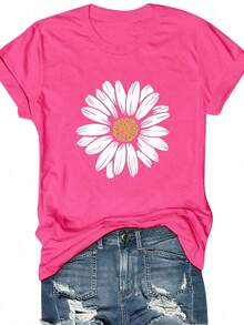 Camiseta de algodón 100% con cuello redondo, manga corta y estampado de perlas falsas, top casual de verano para mujer - Rosa Fucsia - Ver 1