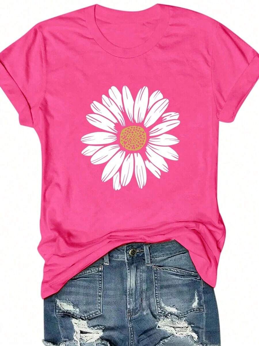 Camiseta de algodón 100% con cuello redondo, manga corta y estampado de perlas falsas, top casual de verano para mujer - Rosa Fucsia - Ver 1