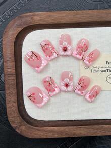 10片装Y2K风格管道形美甲贴片套装 - 手工制作，粉色、红色可选。手工3D花朵和3D瓢虫，3D瓢虫美甲艺术，手绘红茶花、梅花和白色波点图案，粉色小花元素装饰，精致优雅的美甲 - 适合派对和休闲装扮 - 彩色 - 查看 10