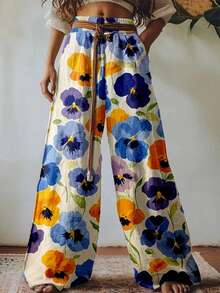 (Free Shipping) 2026 New Arrival Women's Boho Pansy Floral Print Wide-Leg Pants | High Waist Loose Casual Trousers, Summer Casual Pants For Women's Summer Outfits - 多色1 - 查看 2