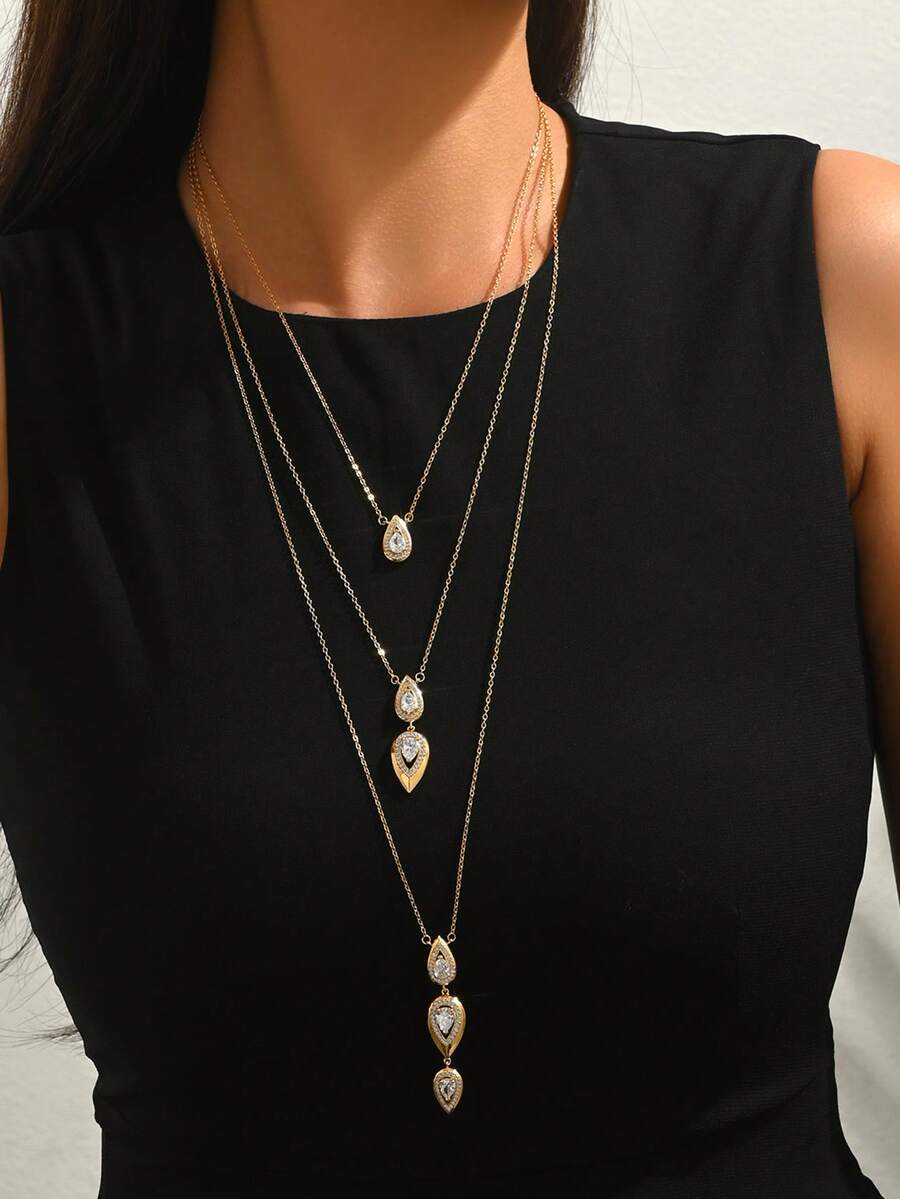 1pc Copper Inlaid Zirconia Teardrop Multi-Layer Necklace, Fashionable INS Style Daily Wear Gift For Women - Multicolor - View 1