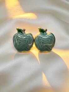 1 par de pendientes de botón elegantes y de lujo vintage con forma de manzana de esmalte verde para mujer, pendientes de fruta lindos adecuados para uso diario y regalos de vacaciones - Multicolor - Ver 5