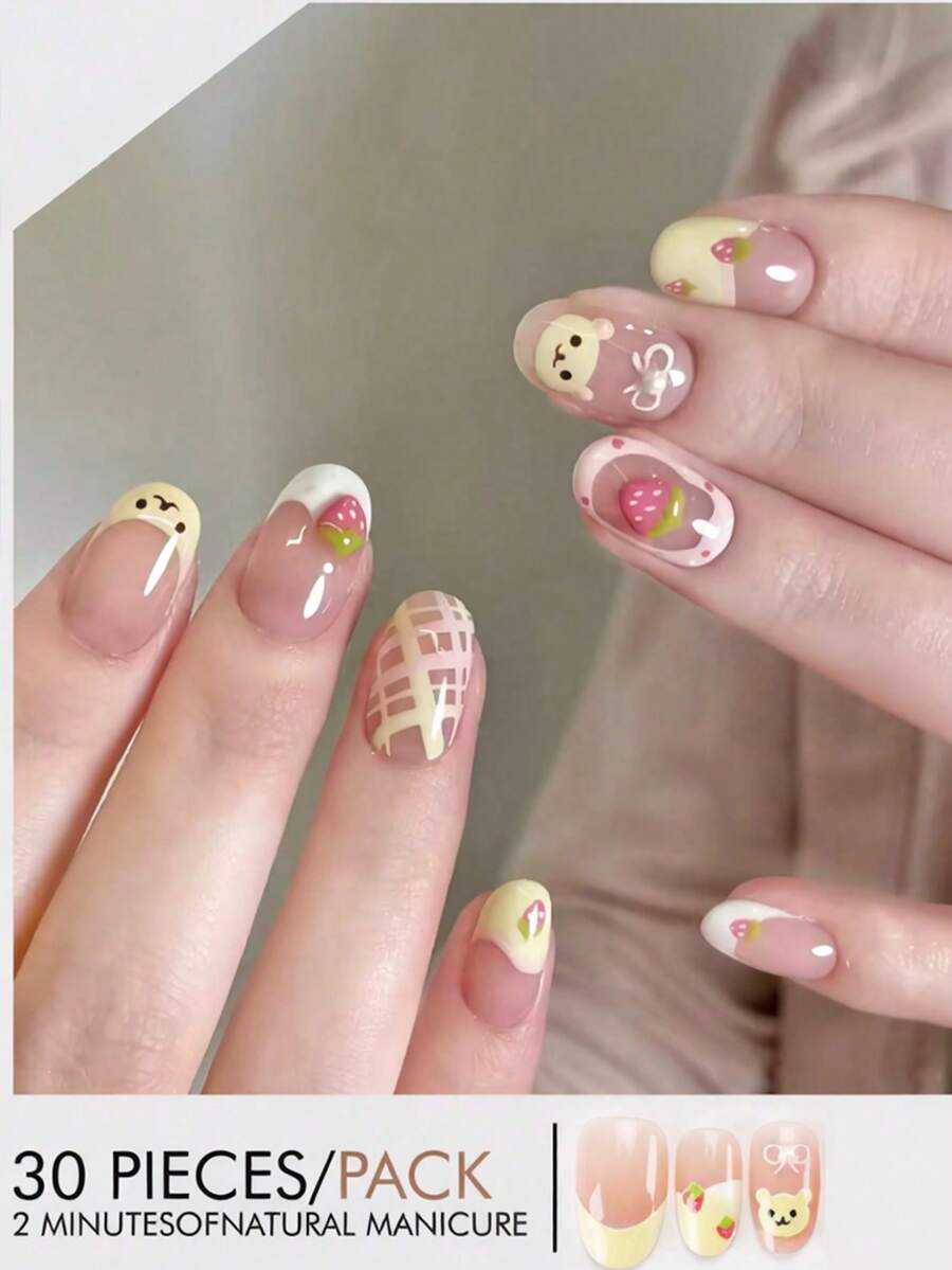 30pcs Super Short Oval Nail Stickers, Cute Cartoon Patterns, Reusable For Daily Wear, Suitable For Parties. Includes 1pc Jelly Gel And 1pc Nail Sticker Strip Press On Nails - Multicolor - View 1