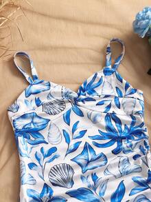 女孩夏季海滩度假风芙蓉花贝壳印花不对称吊带连衣裙 - 淺藍色 - 查看 3